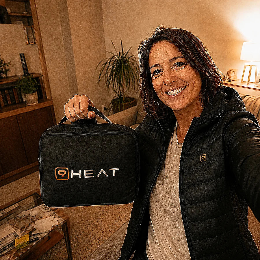 Cliente montrant le sac de rangement 9HEAT livré avec la doudoune Celsius 21