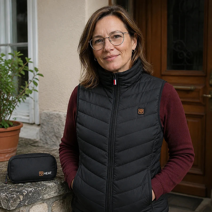 Cliente devant sa porte, doudoune chauffante sans manches Ultra 9, sacoche 9HEAT posée à côté