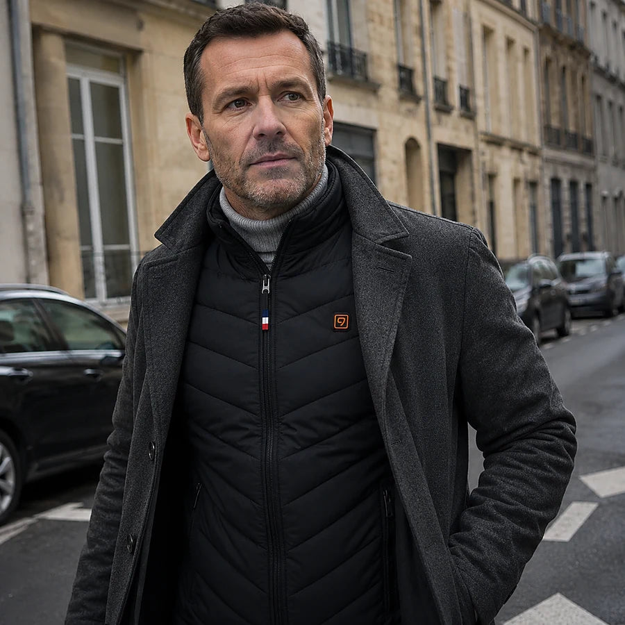 Client en ville, doudoune chauffante sans manches Ultra 9 portée sous un manteau ouvert