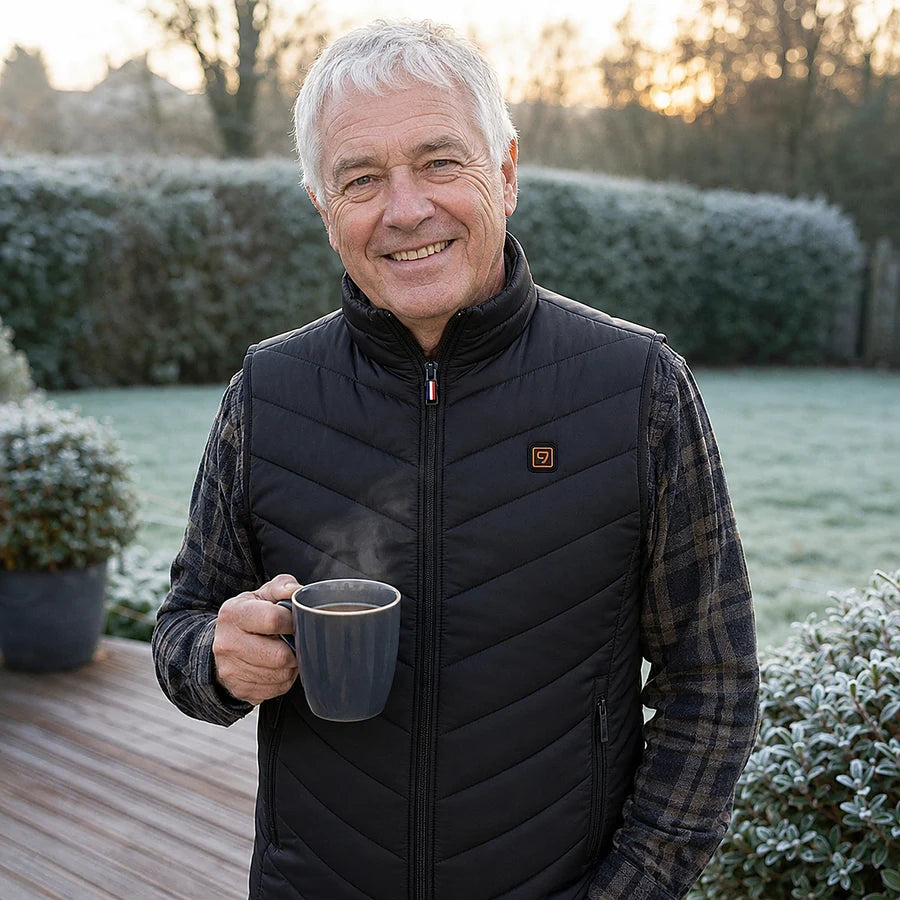 Client sur sa terrasse givrée avec un café, doudoune chauffante sans manches Ultra 9