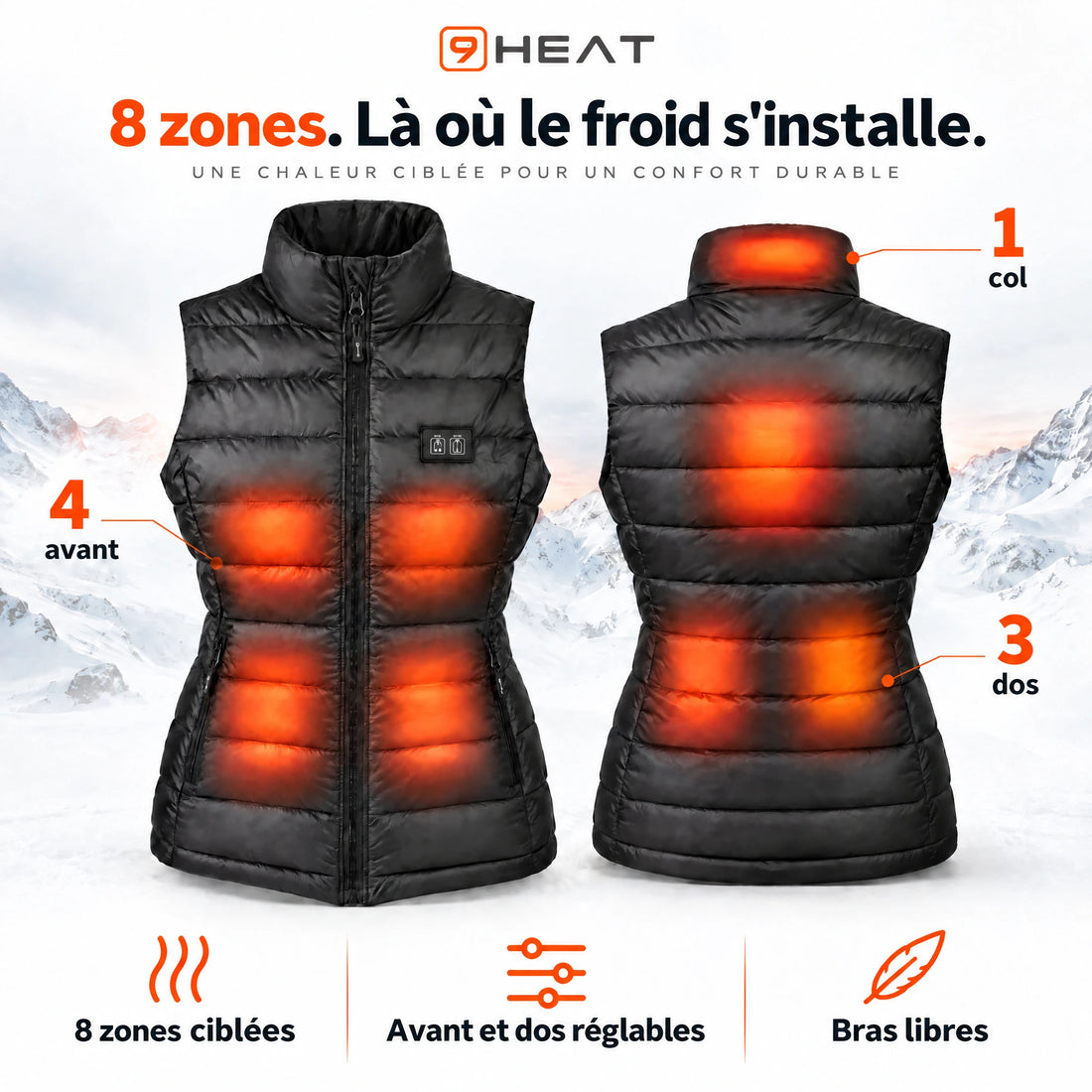 Les huit zones chauffantes du gilet femme 9HEAT Aurea 8
