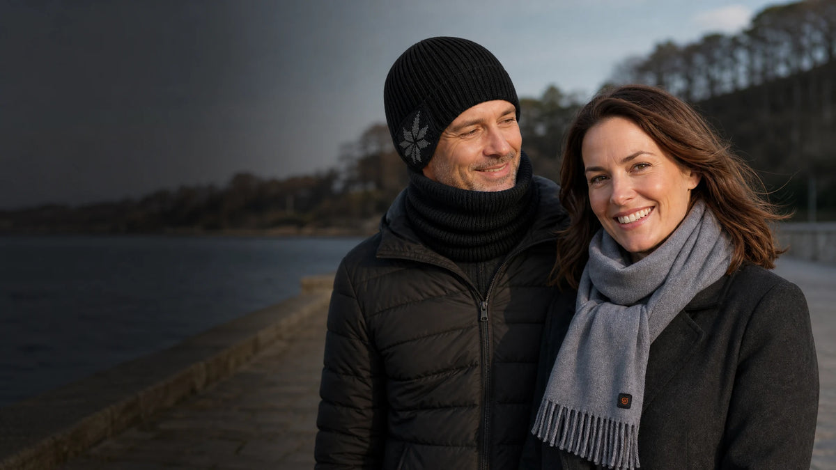 Duo femme et homme portant les modèles 9HEAT — Essentiels Hiver