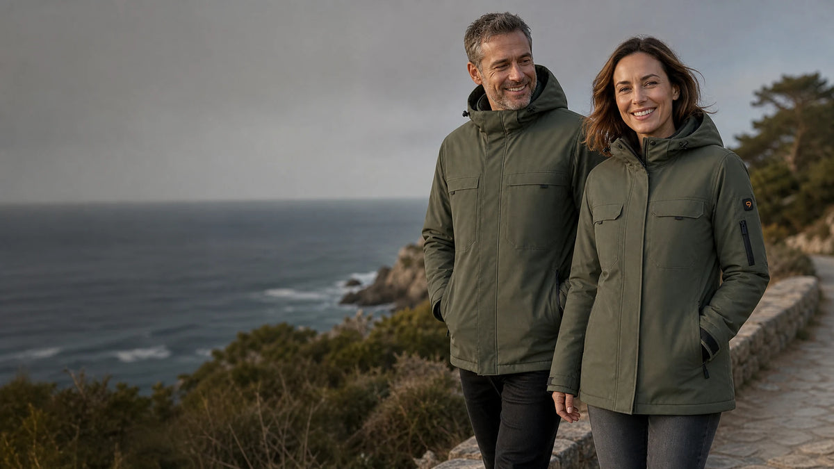 Duo femme et homme portant les modèles 9HEAT — Parkas et manteaux chauffants