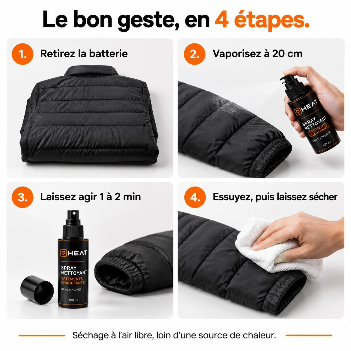 Mode d’emploi du spray : retirer la batterie, vaporiser, essuyer et laisser sécher