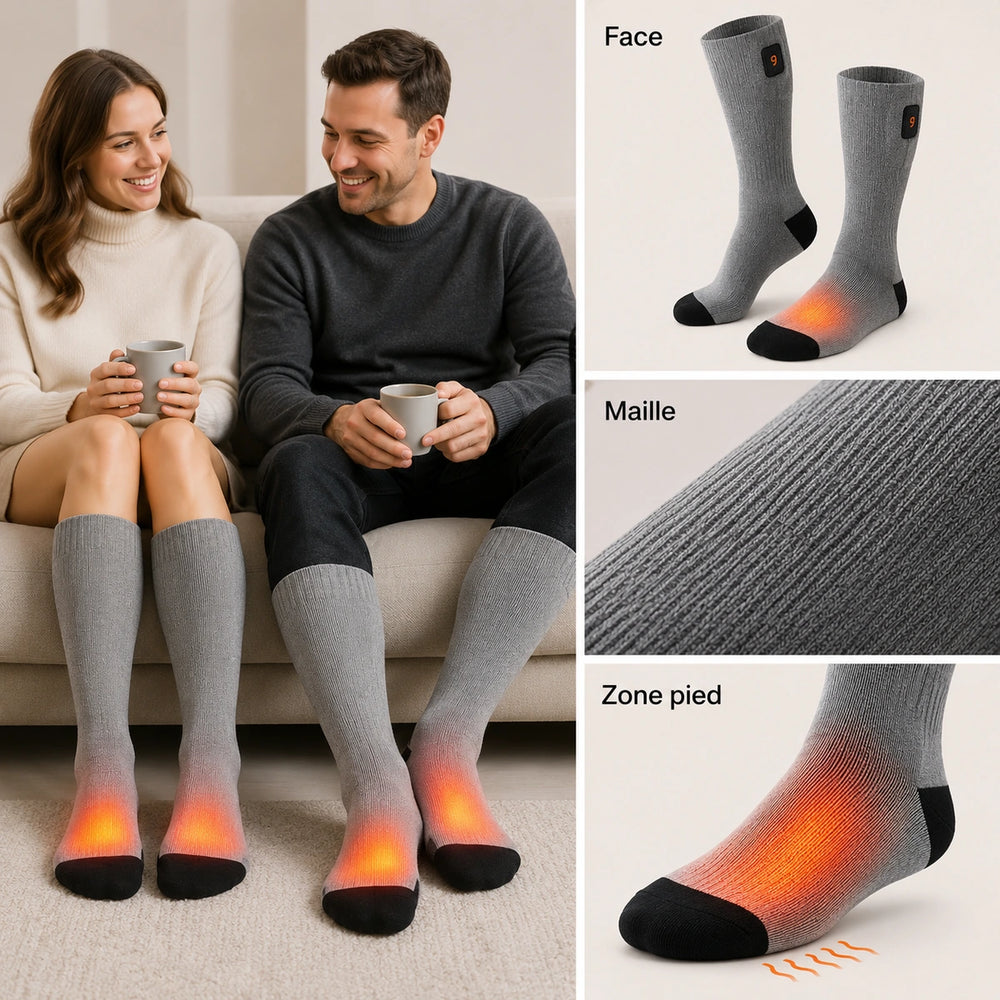 9HEAT Sock'R - Chaussettes chauffantes Unisexe - Studio produit face et détails