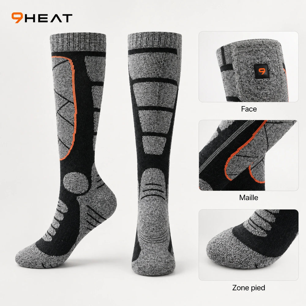 9HEAT Sock'R34 - Chaussettes chauffantes Unisexe - Studio produit face et détails