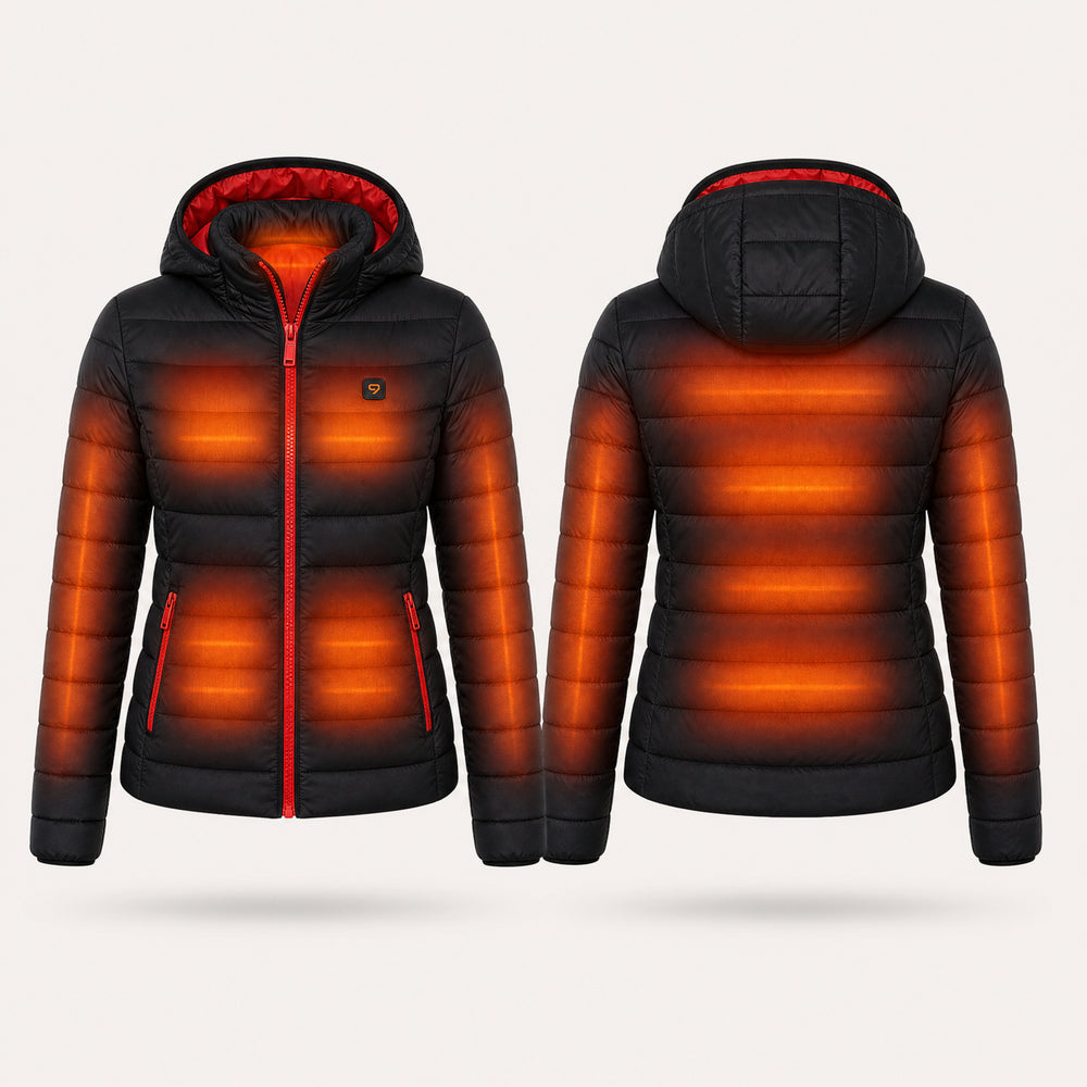 9HEAT Aura 5 - Doudoune chauffante Femme - zones chauffantes avec bouton 9HEAT visible