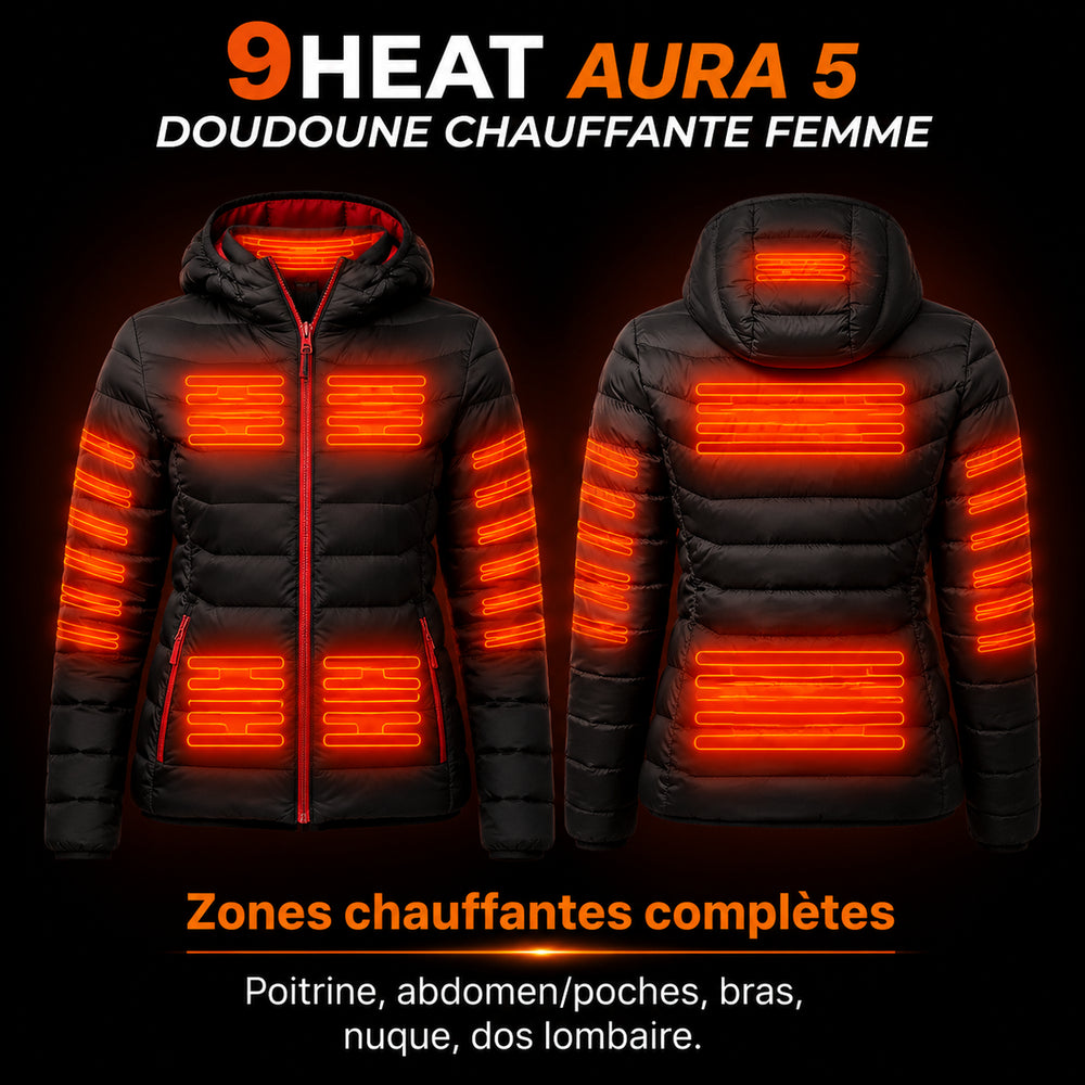 9HEAT Aura 5 - Doudoune chauffante Femme - Zones chauffantes complètes avant et dos