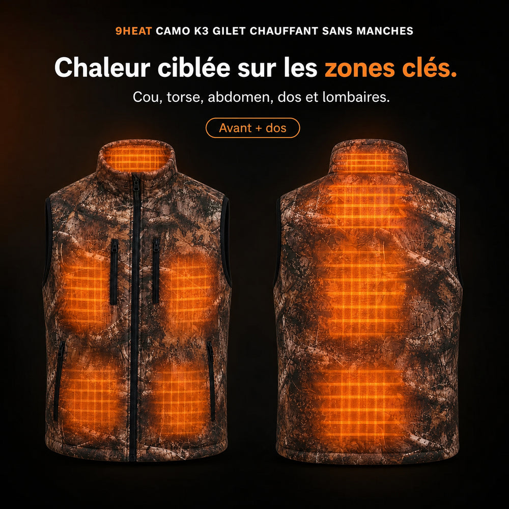 9HEAT Camo K3 - Gilet chauffant sans manches - zones chauffantes avant et dos