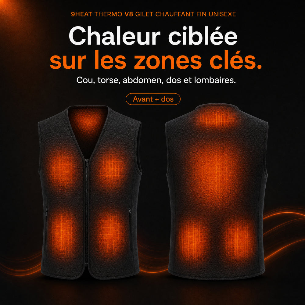 9HEAT Thermo V8 - Gilet chauffant fin Unisexe - zones chauffantes avant et dos