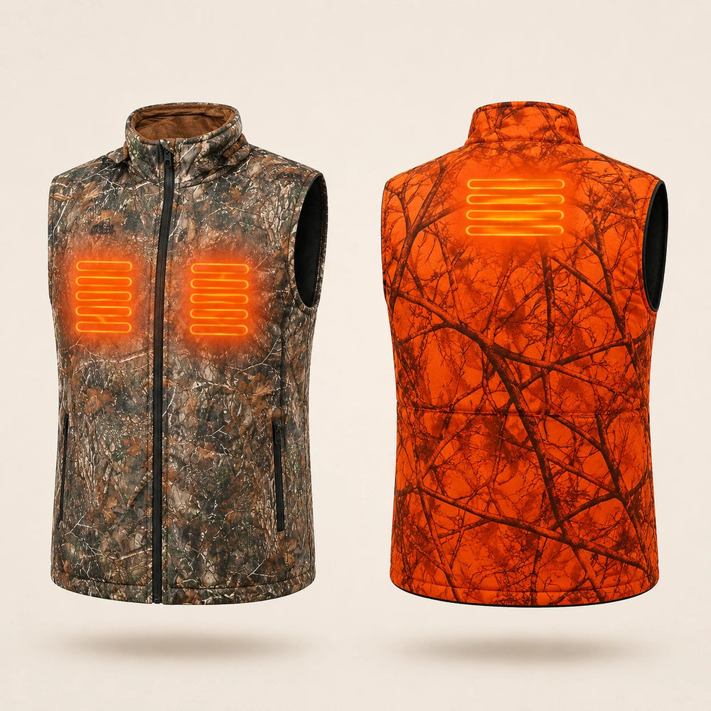 9HEAT Pivot 3 - Gilet chauffant réversible chasse - vue de face et dos avec zones chauffantes