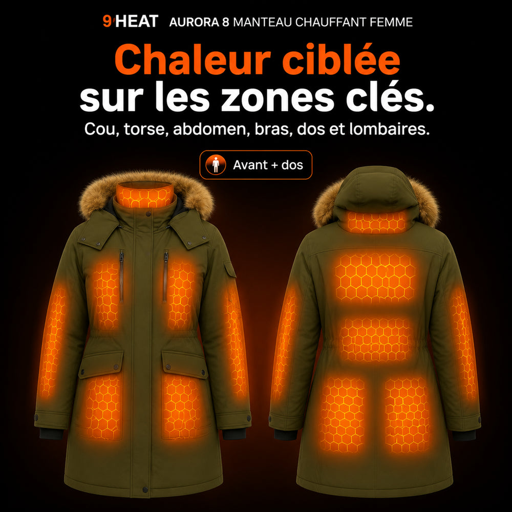 9HEAT Aurora 8 - Manteau chauffant Femme - Zones chauffantes avant et dos