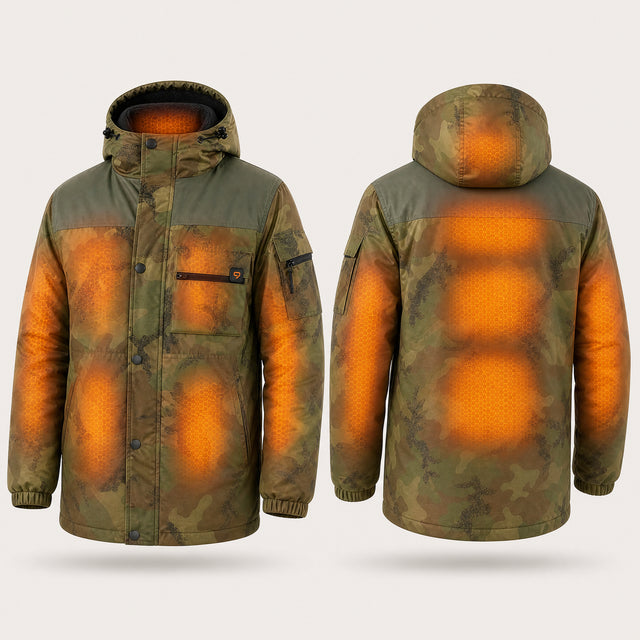 9HEAT Storm 4 - Manteau chauffant Homme Camouflage - zones chauffantes avec bouton 9HEAT visible