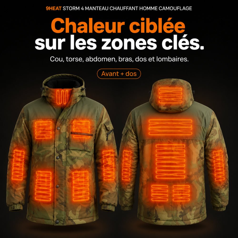 9HEAT Storm 4 - Manteau chauffant Homme Camouflage - Zones chauffantes complètes avant et dos
