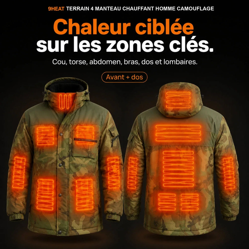 9HEAT Terrain 4 - Manteau chauffant Homme Camouflage - Zones chauffantes complètes avant et dos