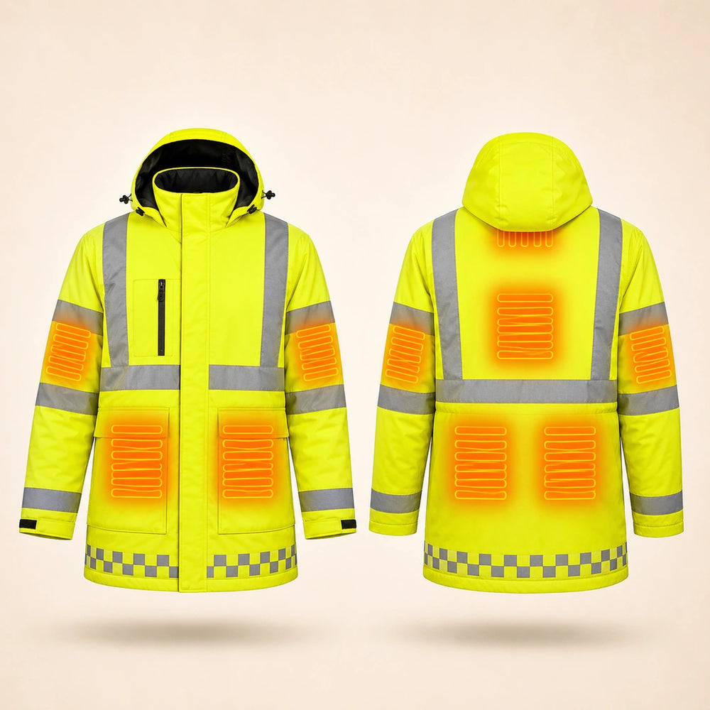 9HEAT Signal 8 - Manteau de travail chauffant haute visibilité - vue de face et dos avec zones chauffantes