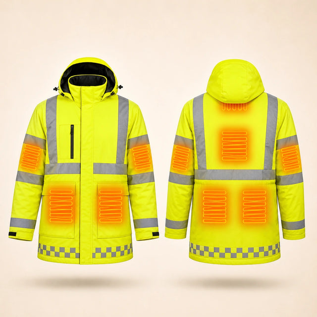 9HEAT Signal 8 - Manteau de travail chauffant haute visibilité - vue de face et dos avec zones chauffantes