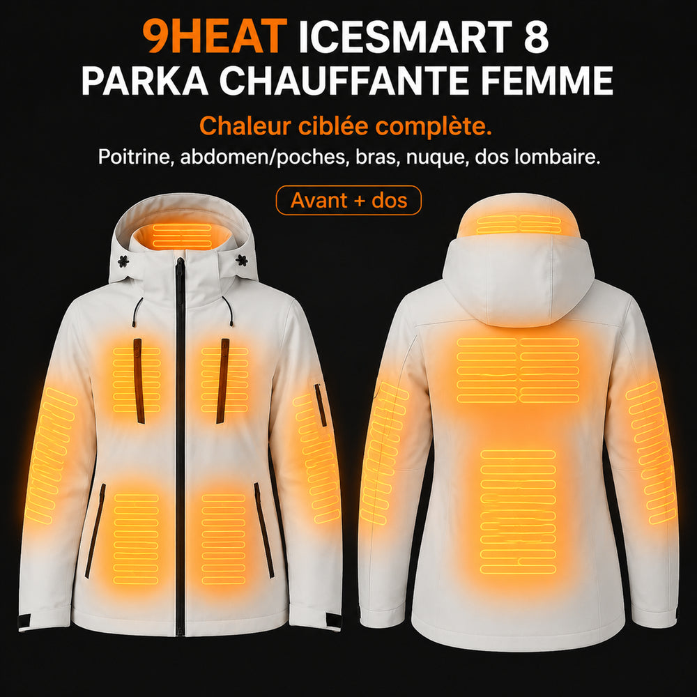 9HEAT IceSmart 8 - Parka chauffante Femme - Zones chauffantes complètes avant et dos