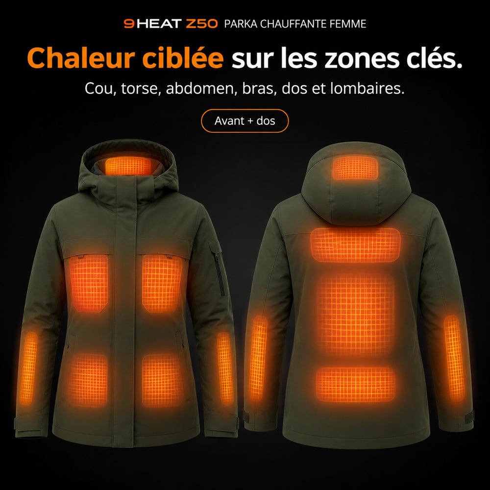 9HEAT Z50 - Parka chauffante Femme - Zones chauffantes complètes avant et dos