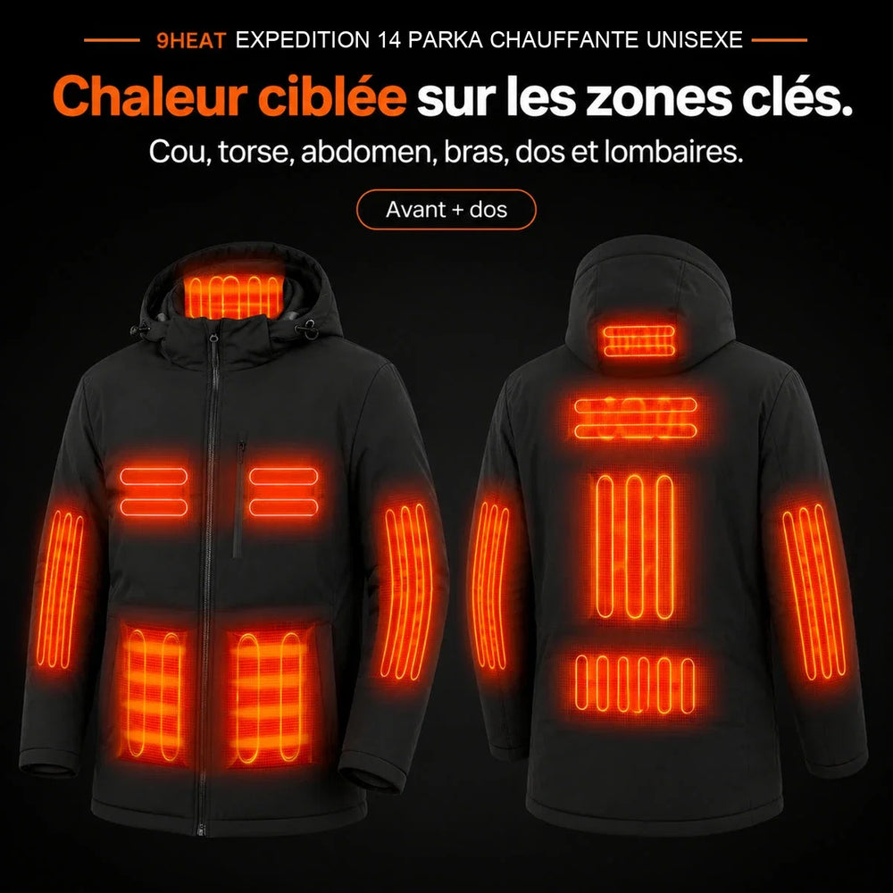 9HEAT Expedition 14 - Parka chauffante Unisexe - Zones chauffantes complètes avant et dos