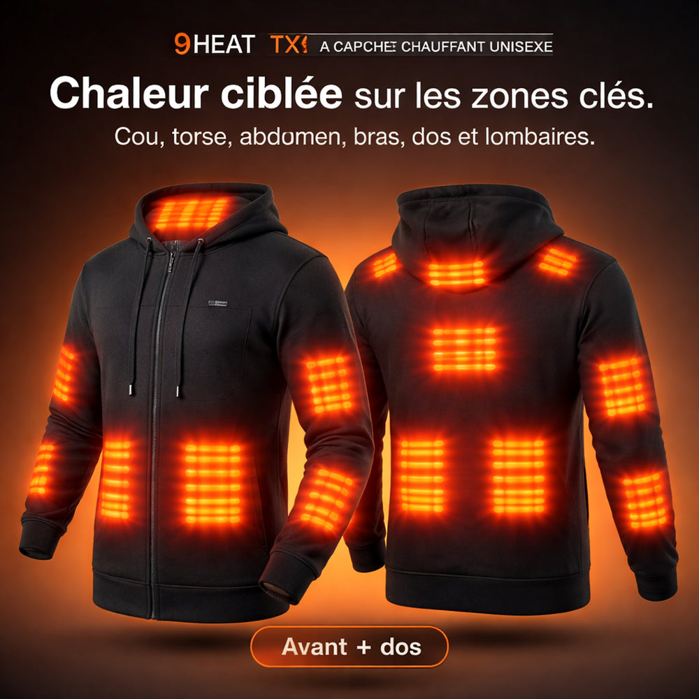 9HEAT TX4 - Sweat à capuche chauffant Unisexe - Zones chauffantes complètes avant et dos