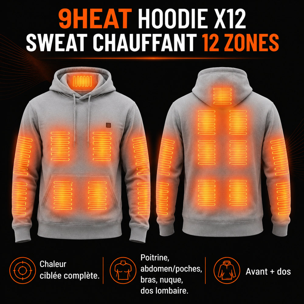 9HEAT Hoodie X12 - Sweat chauffant 12 zones - Zones chauffantes complètes avant et dos