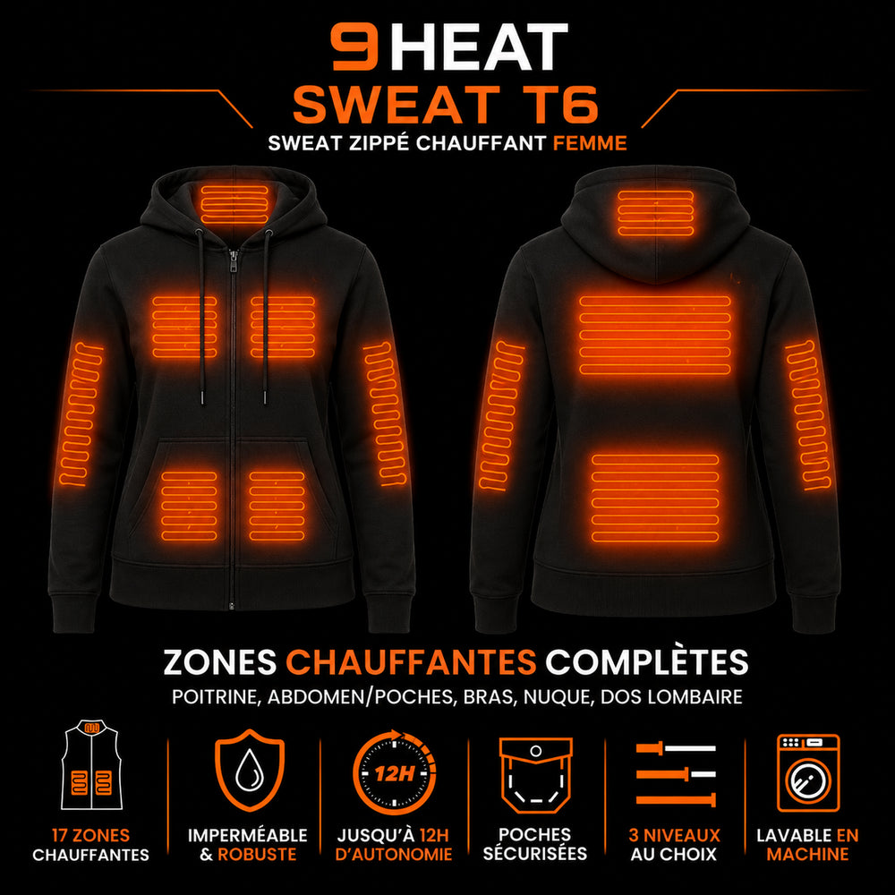 9HEAT Sweat T6 - Sweat zippé chauffant Femme - Zones chauffantes complètes avant et dos