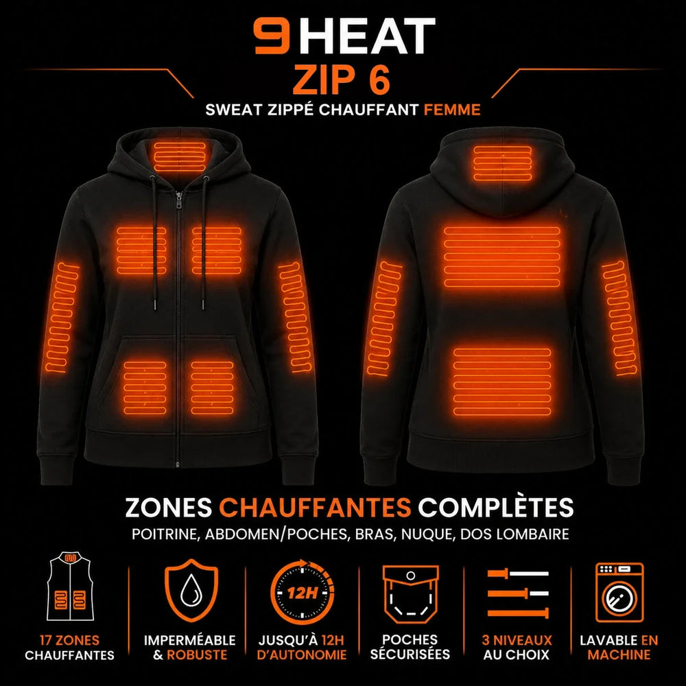 9HEAT Zip 6 - Sweat zippé chauffant Femme - Zones chauffantes complètes avant et dos
