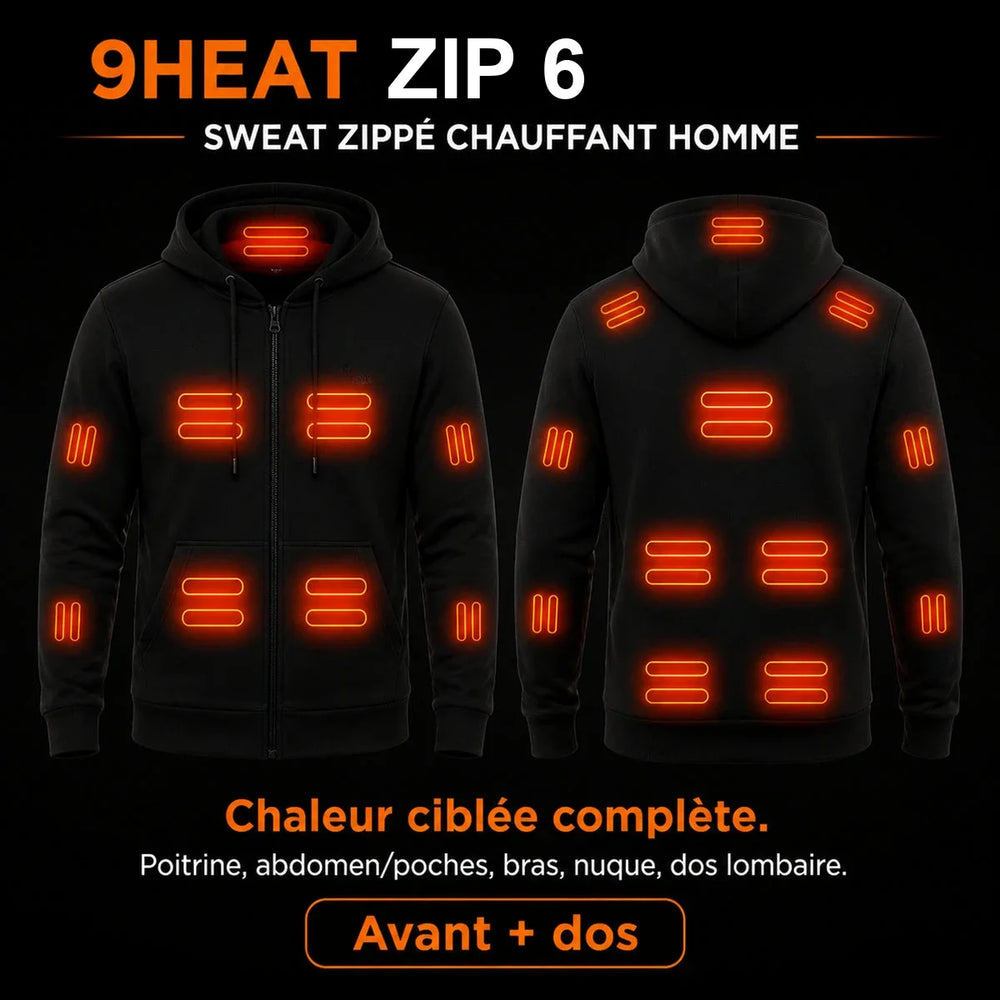 9HEAT Zip 6 - Sweat zippé chauffant Homme - Zones chauffantes complètes avant et dos