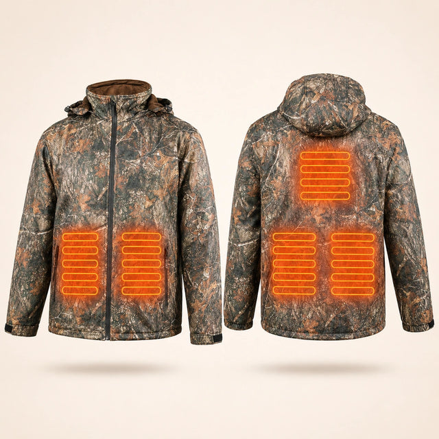 9HEAT Field Connect C5 - Veste chauffante camouflage pilotée par application - vue de face et dos avec zones chauffantes