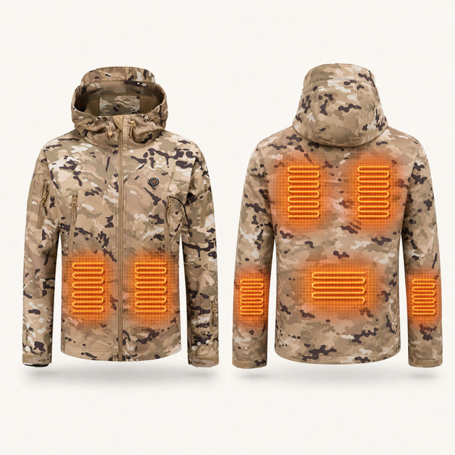 9HEAT Terrain 7 - veste chauffante camouflage desert, face et dos avec sept zones chauffantes