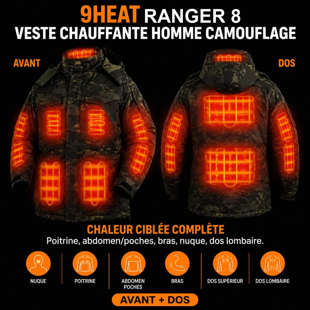 9HEAT Ranger 8 - Veste chauffante Homme Camouflage - Zones chauffantes complètes avant et dos