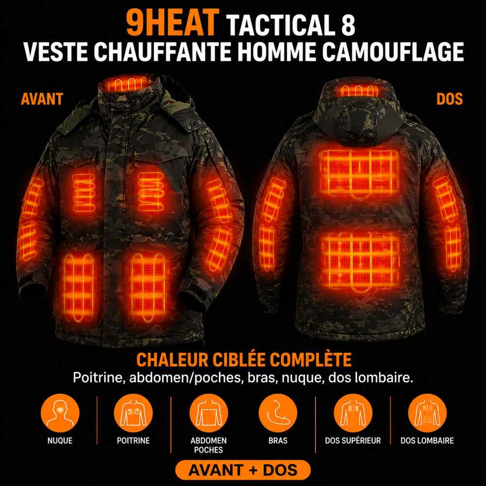 9HEAT Tactical 8 - Veste chauffante Homme Camouflage - Zones chauffantes complètes avant et dos