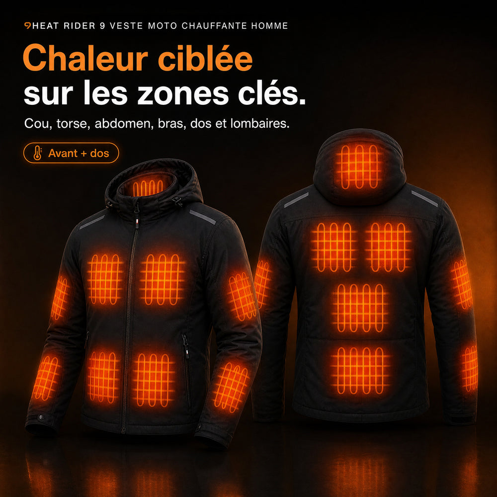 9HEAT Rider 9 - Veste moto chauffante Homme - zones chauffantes avant et dos