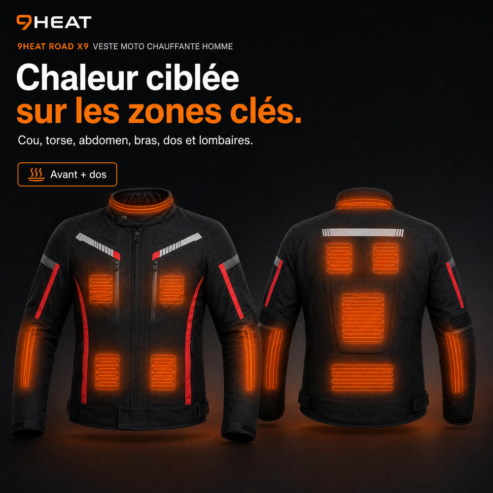 9HEAT Road X9 - Veste moto chauffante Homme - zones chauffantes avant et dos