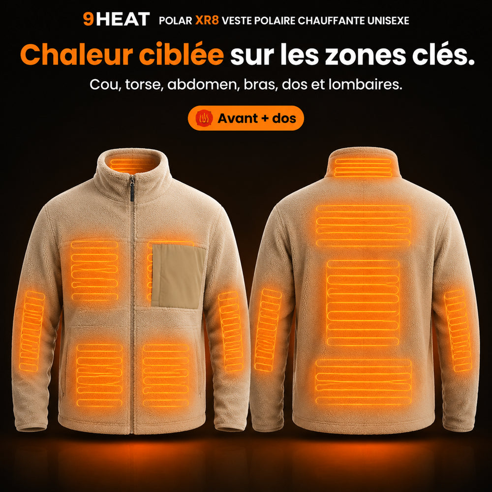 9HEAT Polar XR8 - Veste polaire chauffante Unisexe - Zones chauffantes complètes avant et dos