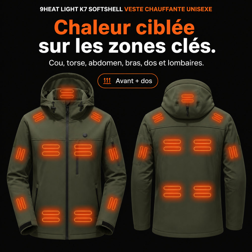 9HEAT Light K7 Softshell - Veste chauffante Unisexe - Zones chauffantes avant et dos