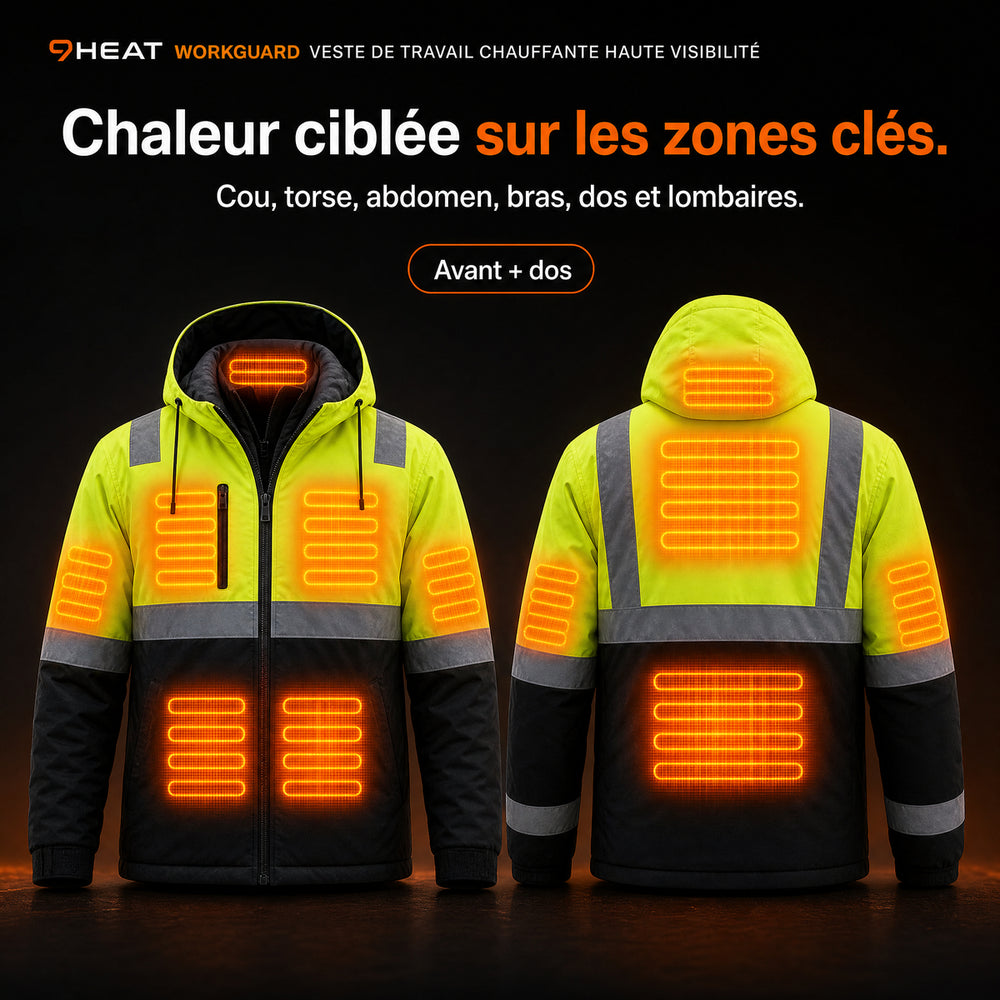 9HEAT WorkGuard - Veste de travail chauffante haute visibilité - zones chauffantes avant et dos