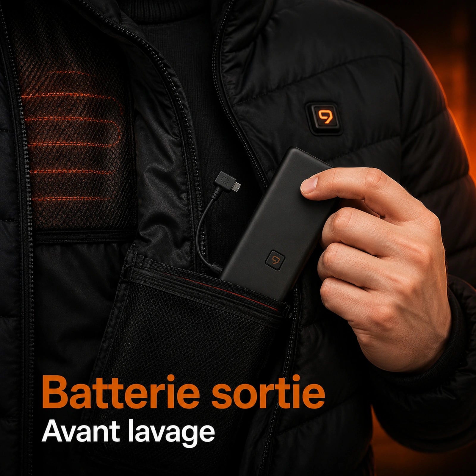 Batterie retirée avant lavage d'un vêtement chauffant 9HEAT