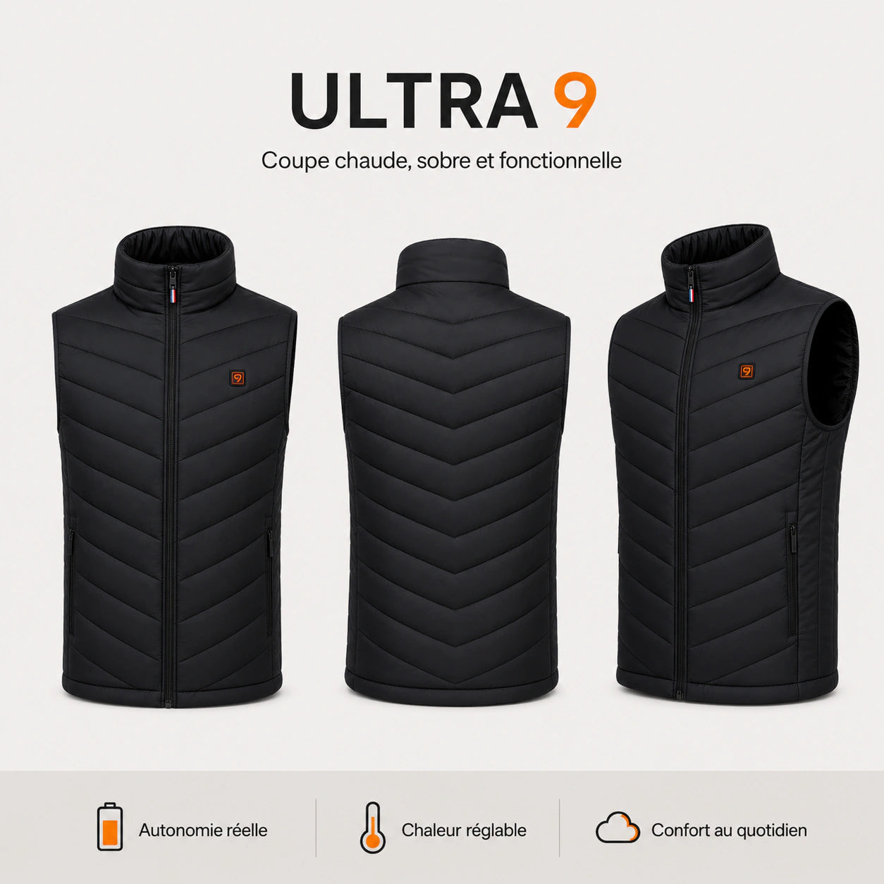 Doudoune chauffante sans manches 9HEAT Ultra 9 face profil et dos