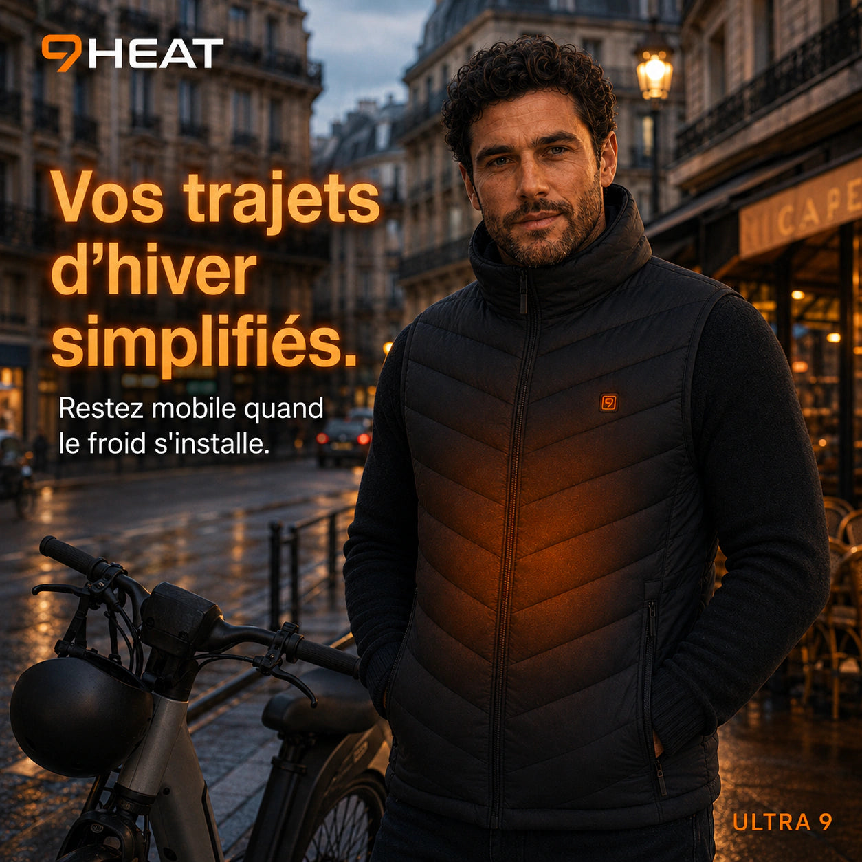 Doudoune sans manches 9HEAT portée pendant un trajet d'hiver