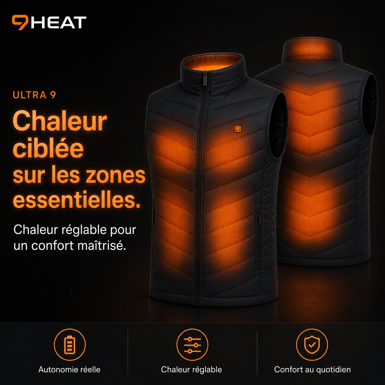 Zones chauffantes ciblées sur la doudoune sans manches 9HEAT Ultra 9