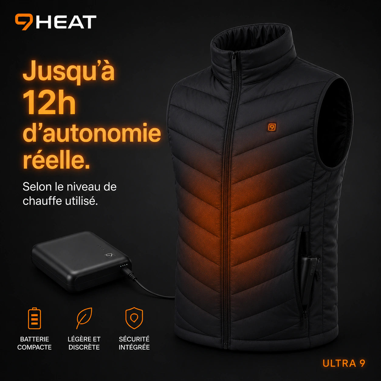 Batterie et autonomie de la doudoune sans manches 9HEAT Ultra 9
