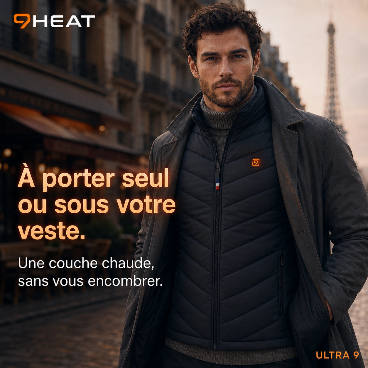 Gilet chauffant 9HEAT porté seul ou sous une veste