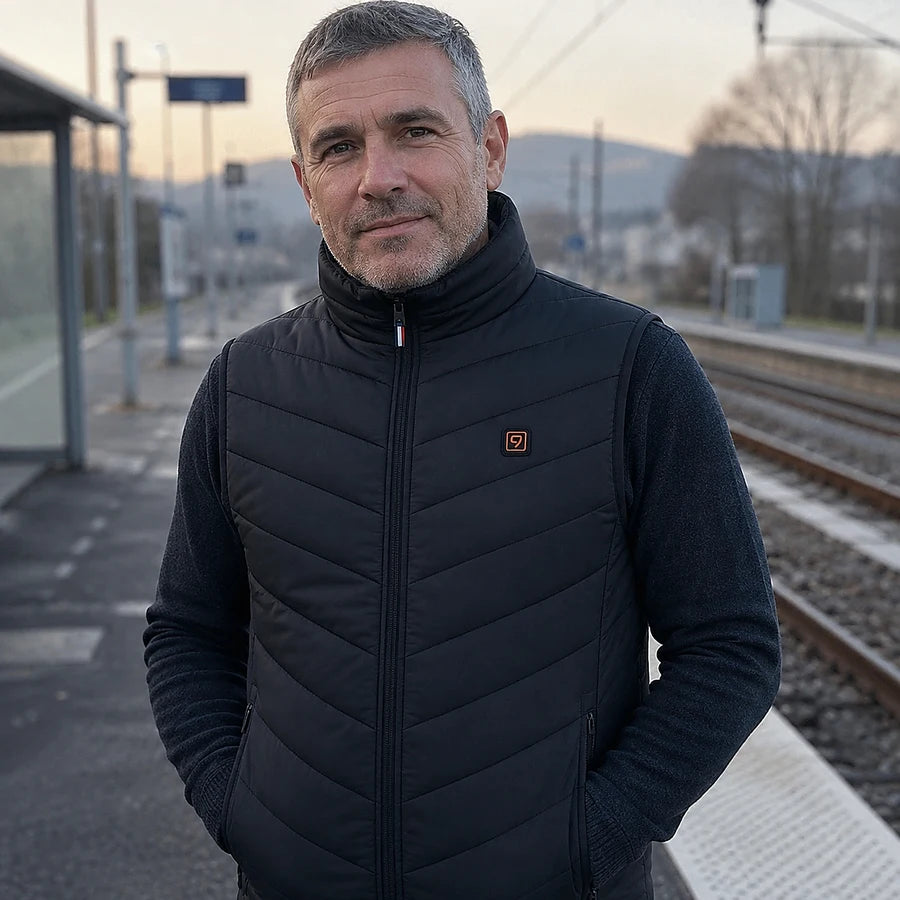 Client sur un quai de gare au petit matin, doudoune chauffante sans manches Ultra 9