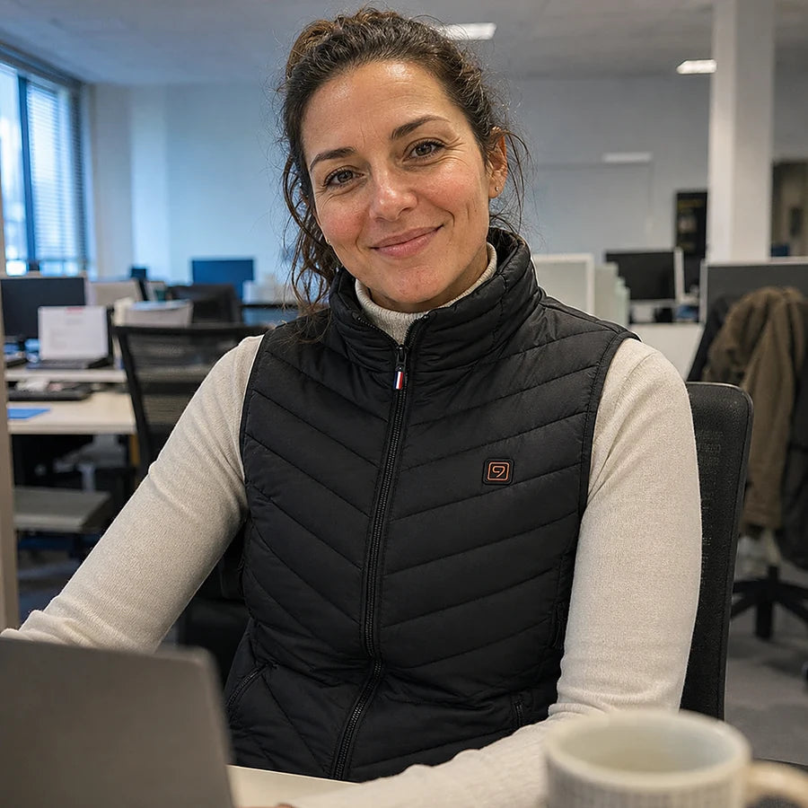Cliente à son bureau, doudoune chauffante sans manches Ultra 9 portée sur un col roulé
