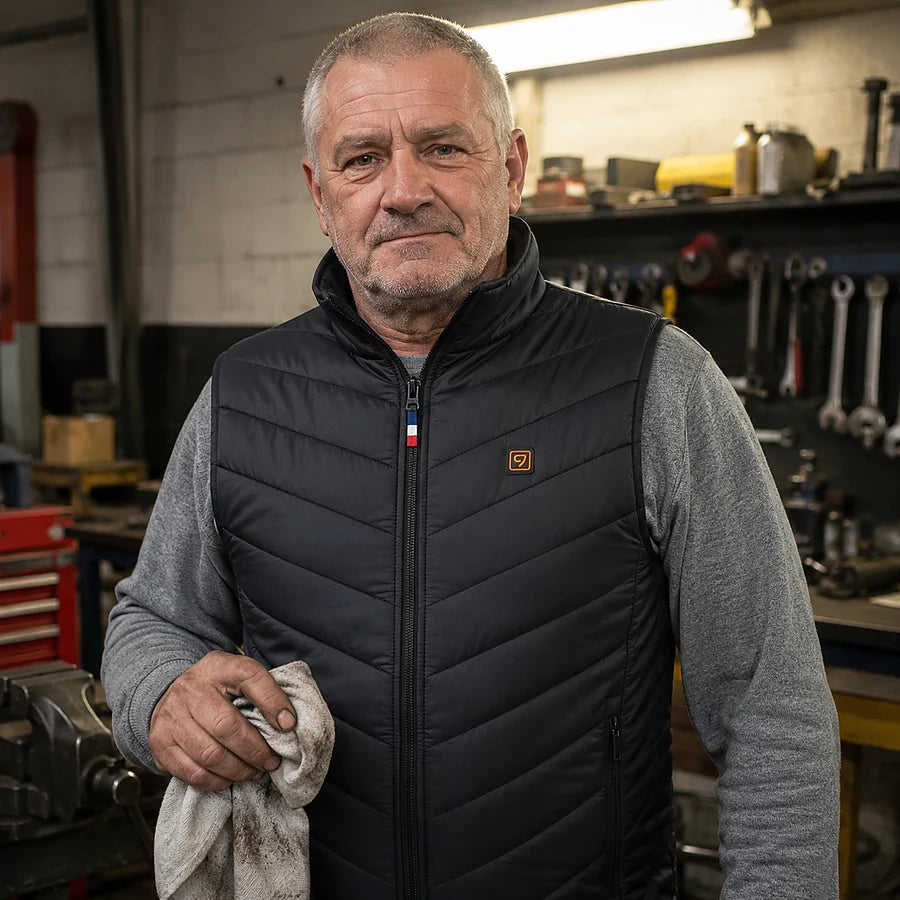 Client dans son atelier, doudoune chauffante sans manches Ultra 9 portée sur un sweat