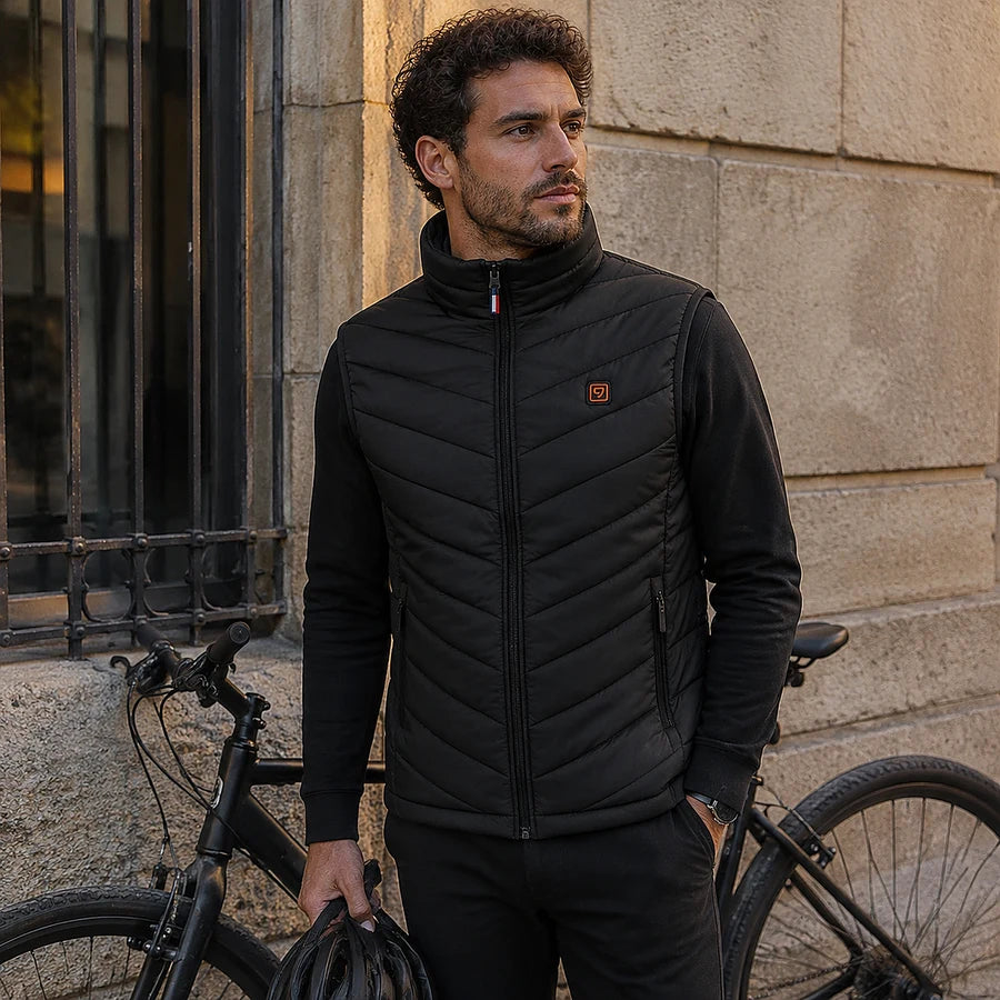 Client à côté de son vélo en ville, doudoune chauffante sans manches Ultra 9