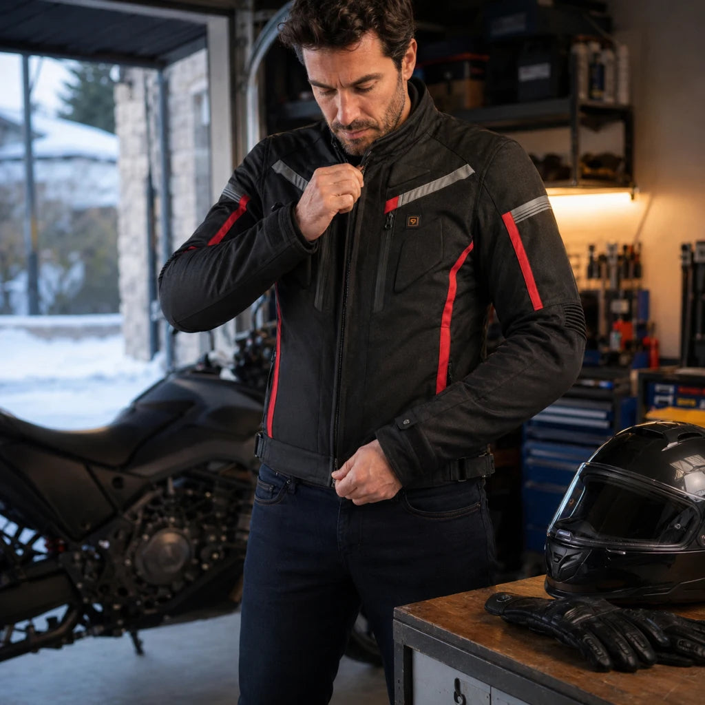 Motard fermant sa veste chauffante Road X9 dans son garage au petit matin