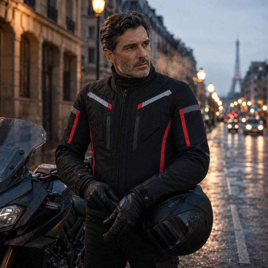 Motard au petit matin à côté de sa moto, portant la veste chauffante Road X9